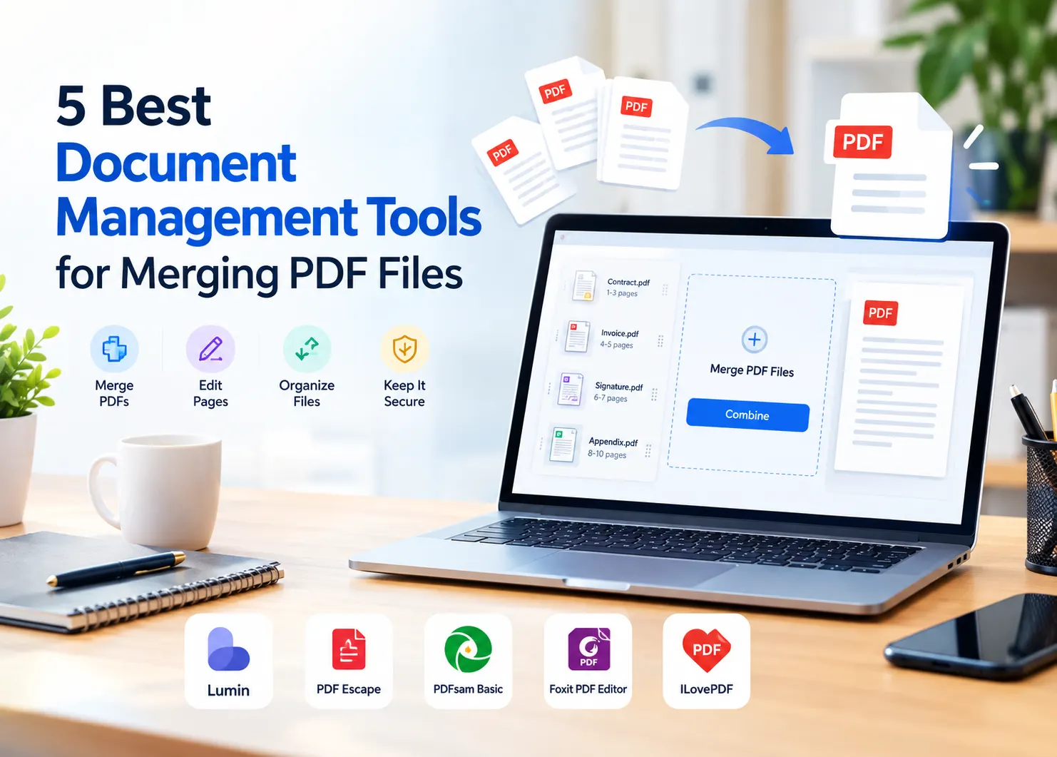 Banner showing five best document management tools for merging PDF files, with a laptop displaying a PDF merging interface, multiple document icons, merge and editing features, and logos representing Lumin, PDF Escape, PDFsam Basic, Foxit PDF Editor, and ILovePDF.